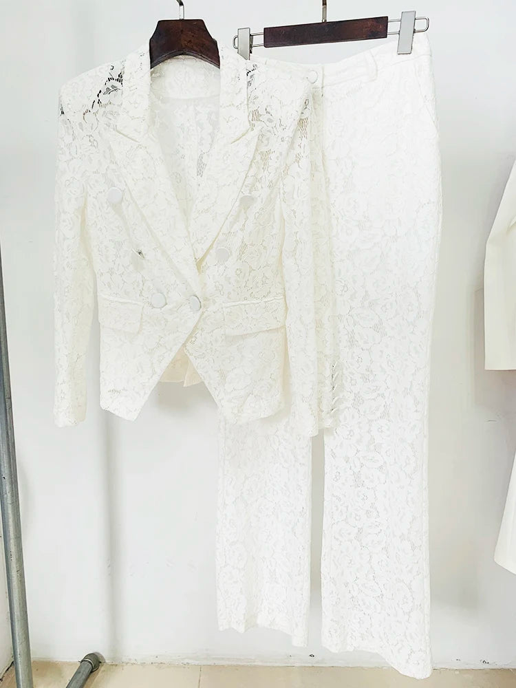 Ensemble 2 pièces blazer et pantalon en dentelle fine pour femme, style estival