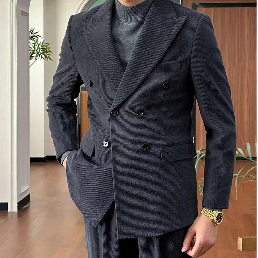 Autumn Thick Corduroy Groom Men Suit Designers Slim Fit Business Casual Double Breasted Suit Set Trend