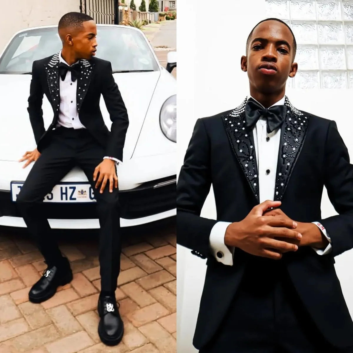 Fashion Men Suits Tailor-Made 2 Pieces Set Beaded Shawl Lapel Jacket Rhinestone Blazer One-Button Groom Customized Coat Pants