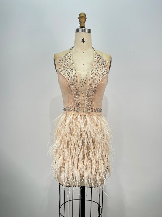 Luxury Sparkle Rhinestone Sequins Feather Mini Dress  Women Fashion Sexy Night Club Party Singer Dancer Performance Role Costume