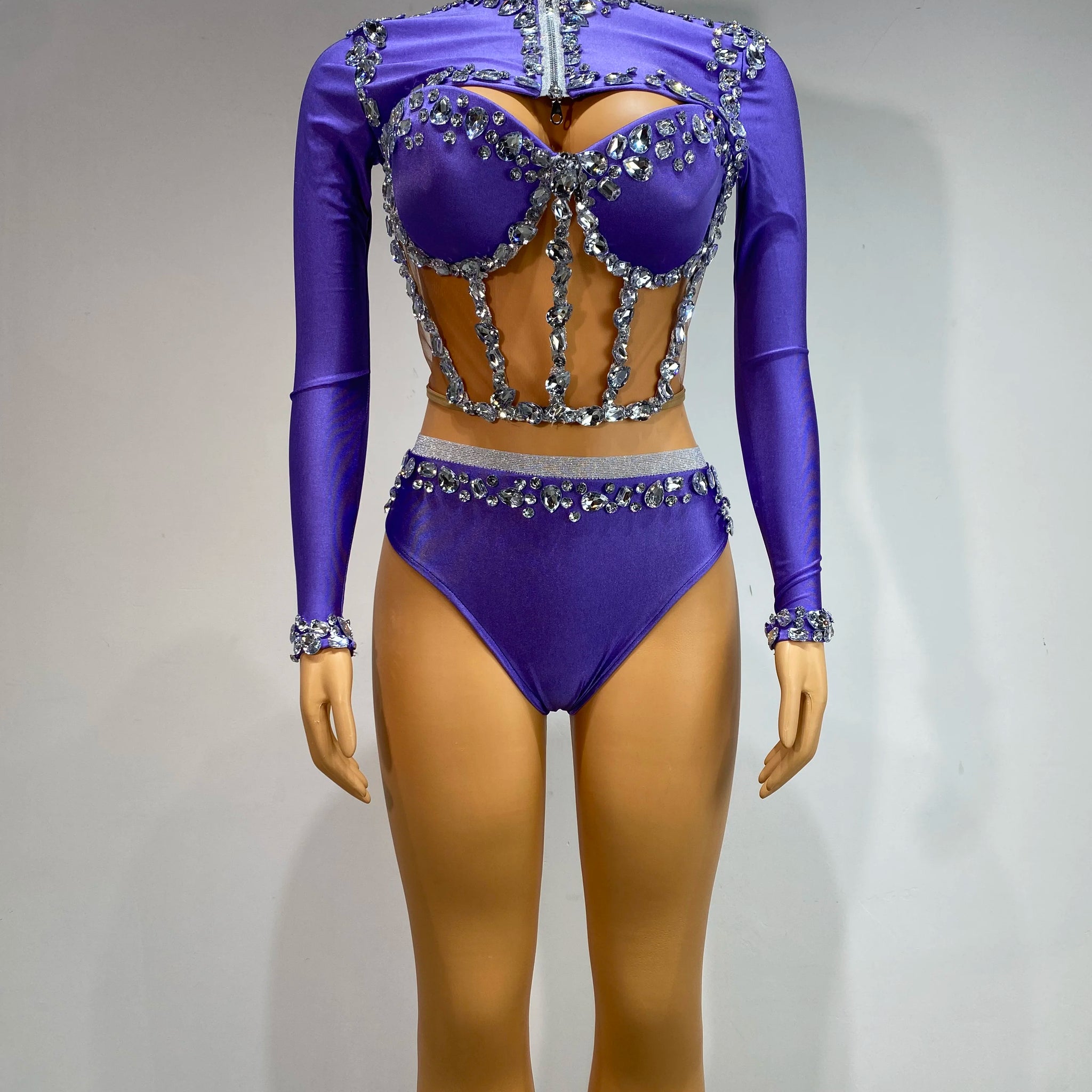 Conjunto de baile de tres piezas con malla de diamantes brillantes para mujer, ropa de diseñador para discoteca, fiesta, club, escenario, actividades