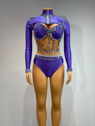Conjunto de baile de tres piezas con malla de diamantes brillantes para mujer, ropa de diseñador para discoteca, fiesta, club, escenario, actividades