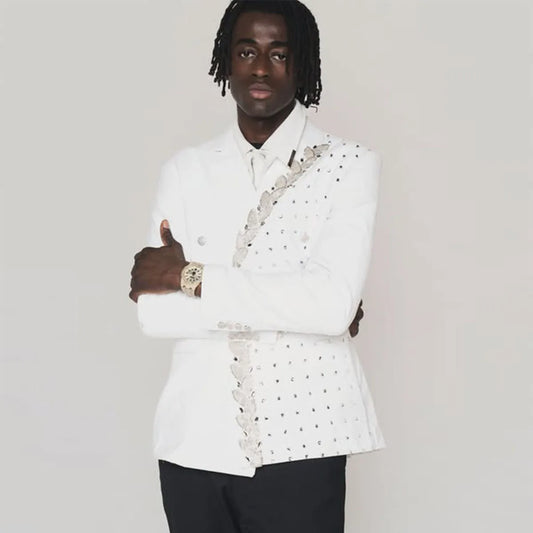 Handsome Luxury Beaded Diamond Men Suits 2 Pieces Wedding Groom Tuxedo Slim Fit Jacquard Male Prom Blazer Customized Homme
