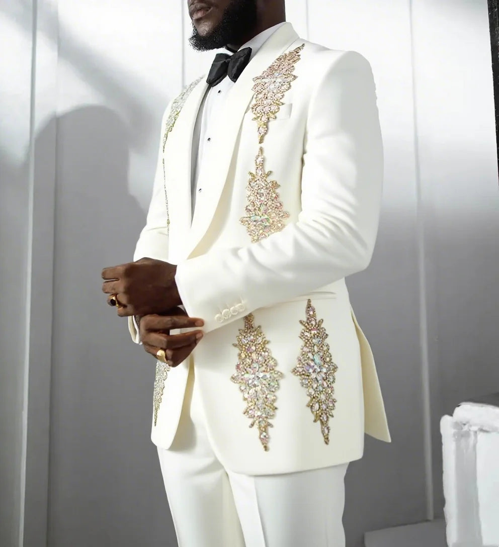 Luxury Men Wedding Suits Appliques Shawl Lapel Single Breasted Tuxedos Groom Business 2 Psc Blazer Pants Custom Made