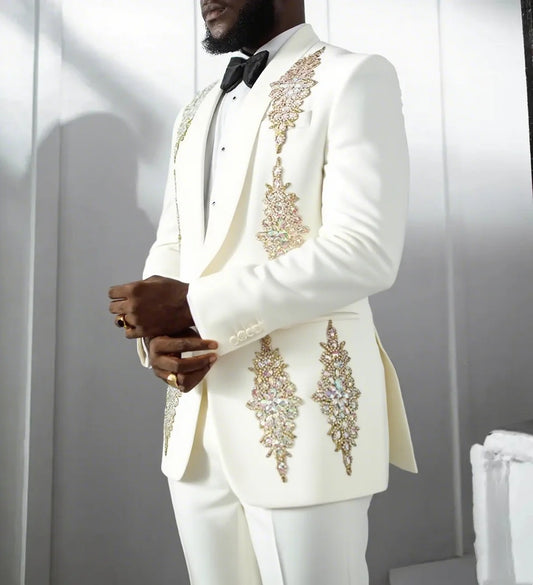 Luxury Men Wedding Suits Appliques Shawl Lapel Single Breasted Tuxedos Groom Business 2 Psc Blazer Pants Custom Made