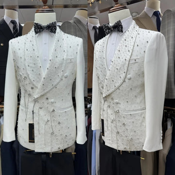 Men Suits Rhinestone Tailor-Made 2 Pieces Beaded Shawl Lapel Jacket Tassel Blazer Double Breasted Groom Customized Coat Pants