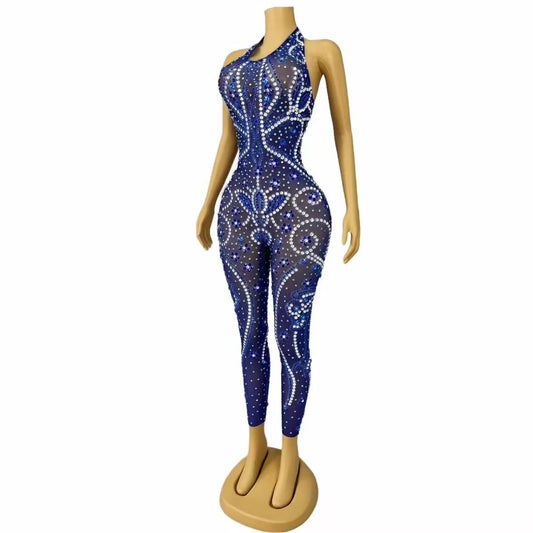 Shining Mesh Transparent Rhinestone Jumpsuit Women Sexy Backless Nightclub Party Stage Outfit Singer Dancer Performance Costume