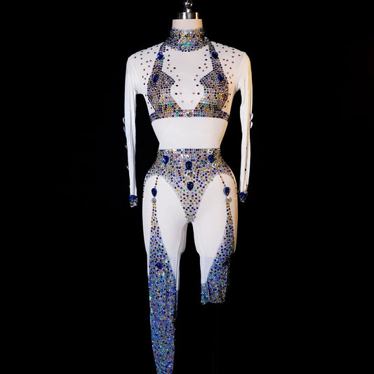 Glittering Rhinestone Party Blue Mesh Jumpsuit Gauze Tights Stretch Leotard Stage Outfits Nightclub Dancer Drag Queen Birthday