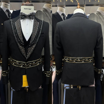 Luxury Men Suits Tailor-Made 3 Pieces Peaked Lapel Jacket Beading Rhinestone Blazer One Button Groom Customized Coat Vest Pants