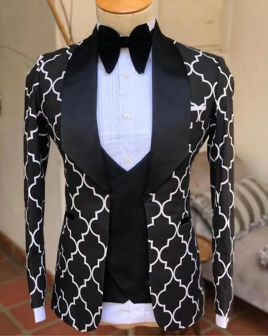 Customize Fashion Coat Black White Plaid Wedding Suits for Men Formal 3-piece Groom Prom Mans Suit Jackets Vest and Pants