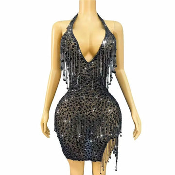 Luxurious Birthday Celebrate Black Crystals Halter Dress Chains Transparent Rhinestones Fringes Birthday Photoshoot Stage Wear