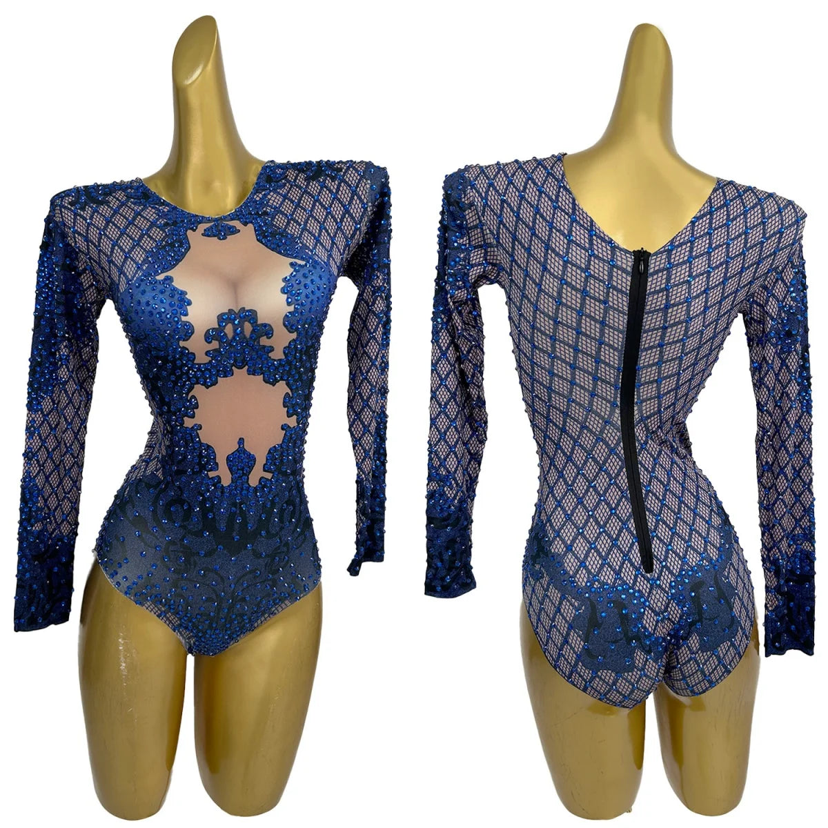 Long Sleeved Spandex Elastic Blue Bodysuit Drag Queen Performer Sparkly Rhinestone Dance Wear Nightclub Party Outfit