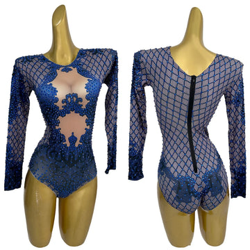 Long Sleeved Spandex Elastic Blue Bodysuit Drag Queen Performer Sparkly Rhinestone Dance Wear Nightclub Party Outfit