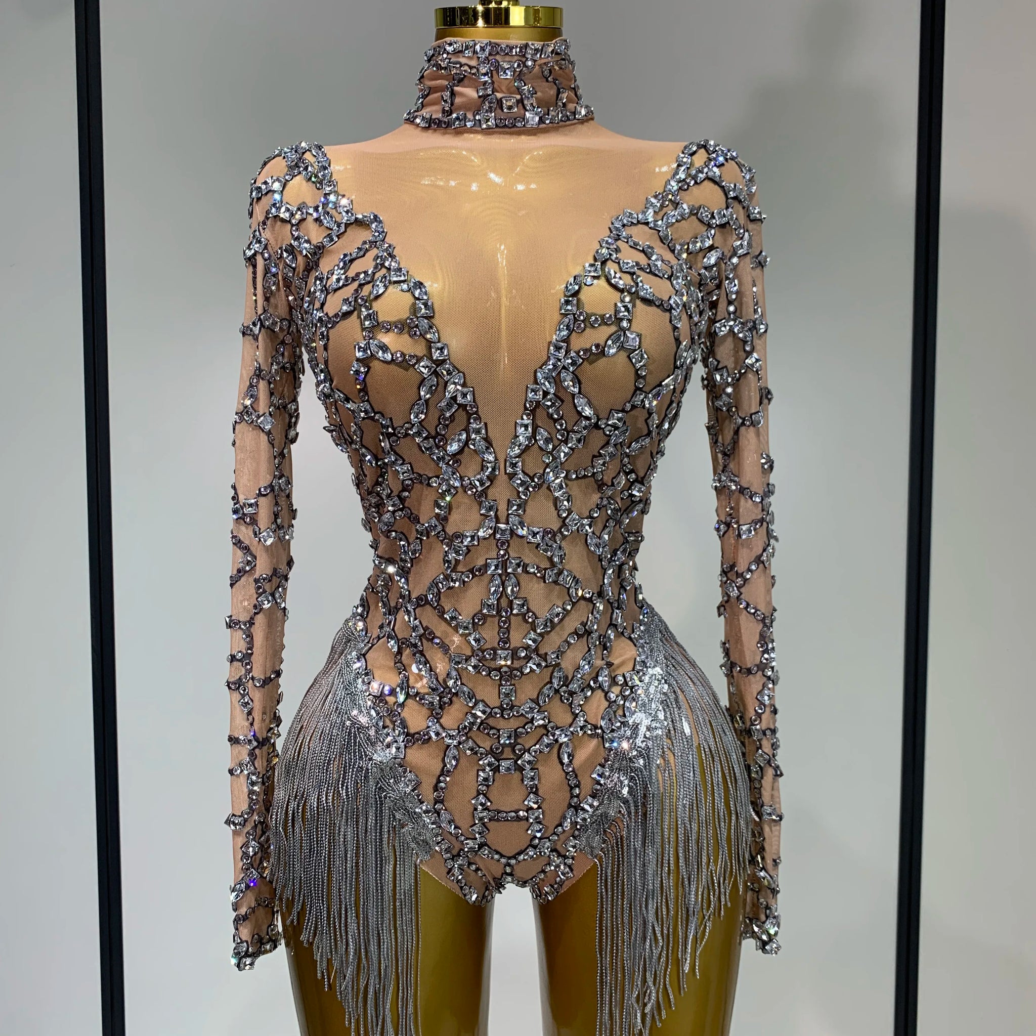 Shining Diamond Tassel Bodysuit Nightclub Stage Tight Mesh Long Sleeved Nightclub Singer Performance Costume