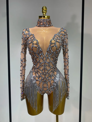 Shining Diamond Tassel Bodysuit Nightclub Stage Tight Mesh Long Sleeved Nightclub Singer Performance Costume