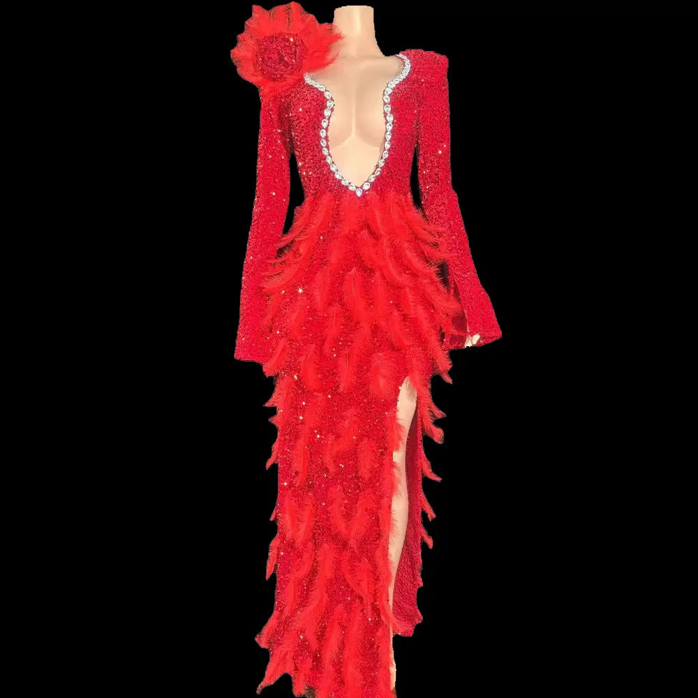 Women Sexy Stage Sparkling Red Feather Luxury Long Dress Celebrating Dancer Flash Wedding Party Birthday Photoshoot Dress