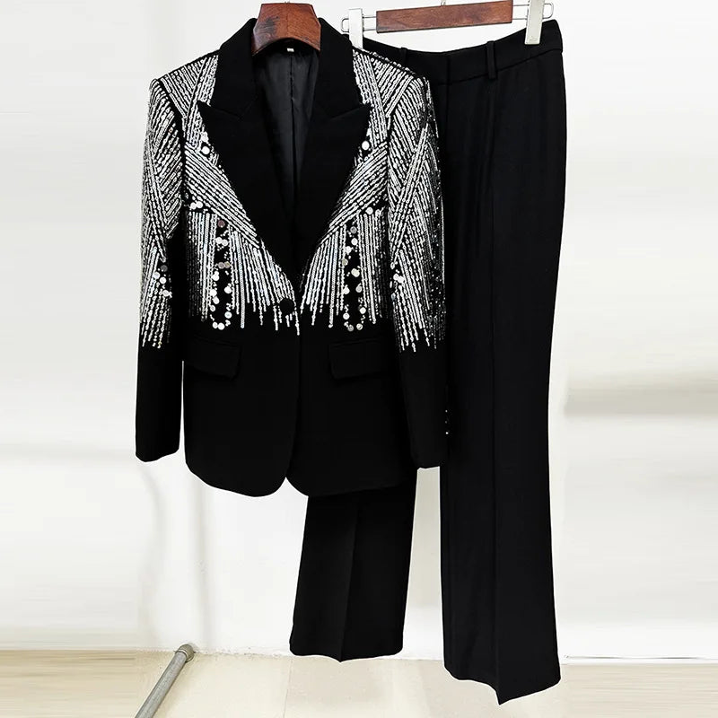 White Beaded Embroidery Sequins Pants Sets Women 2 Piece Outfits Blazer Pantsuits for Women Suits Outfits Black