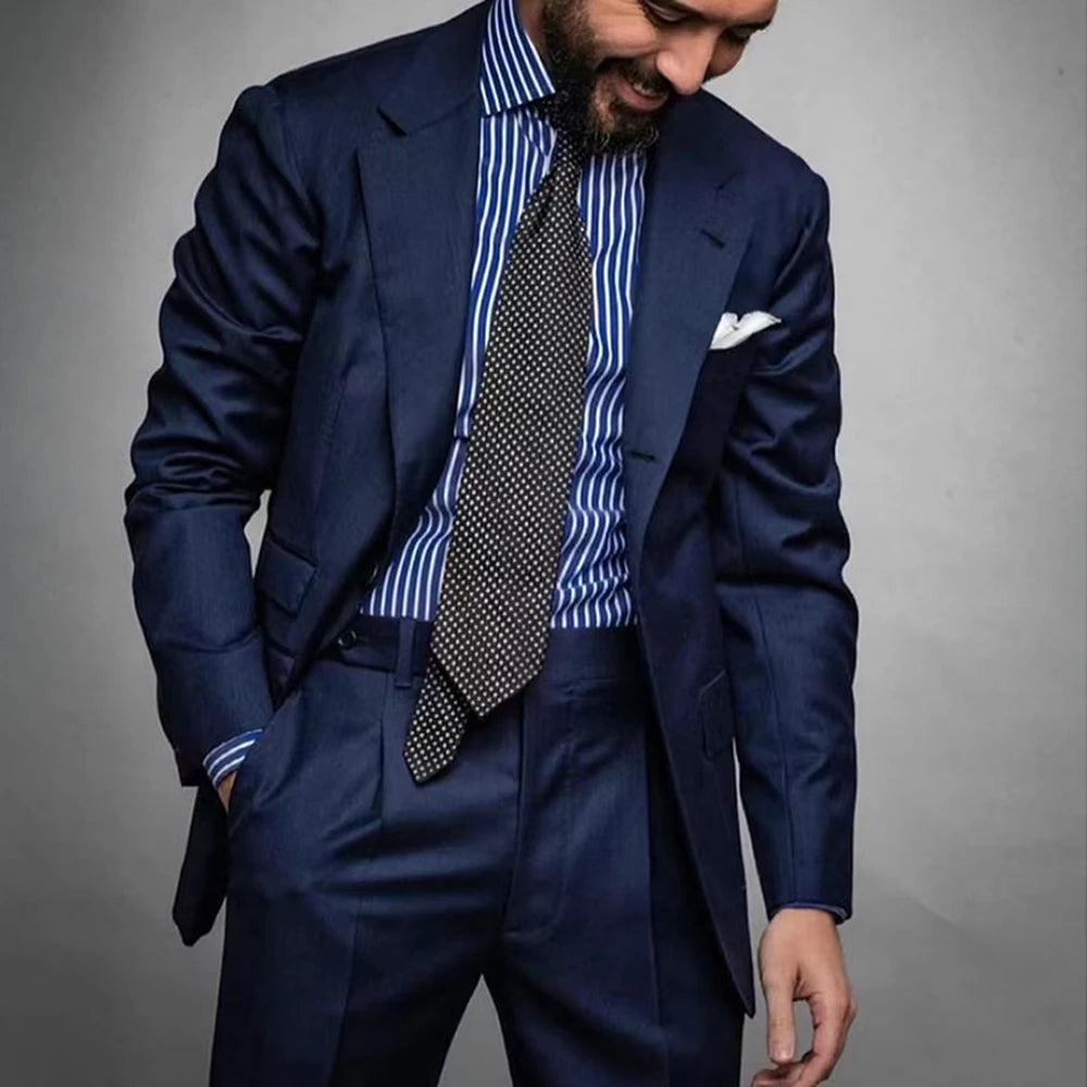 Fashion Men Suits Navy Blue Notched Lapel Smart Casual Outfits Formal Fashion Slim 2 Piece Set Jacket Pants