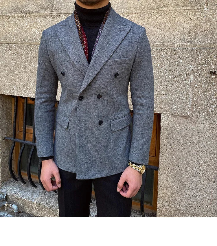 Veste blazer croisée en laine marron pour homme avec revers en pointe et poches avant