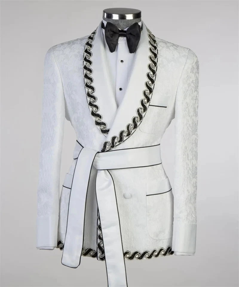 Modern Men Suits Jacquard Tailor-Made 2 Pieces Set Shawl Lapel Jacket Beading Blazer Double Breasted Groom Customized Coat Pants
