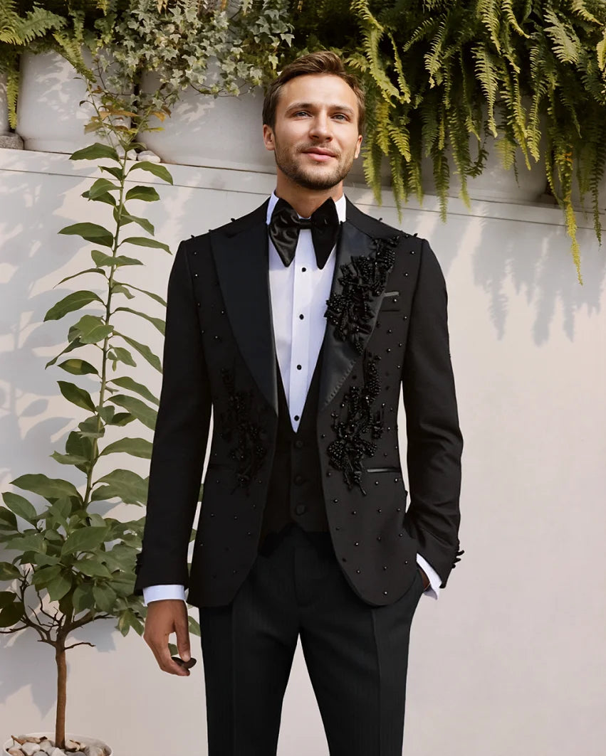 Ensemble de costume smoking 3 pièces pour homme, perles faites à la main, coupe ajustée, personnalisé, mode marié, mariage, formel, sur mesure, veste, gilet, pantalon