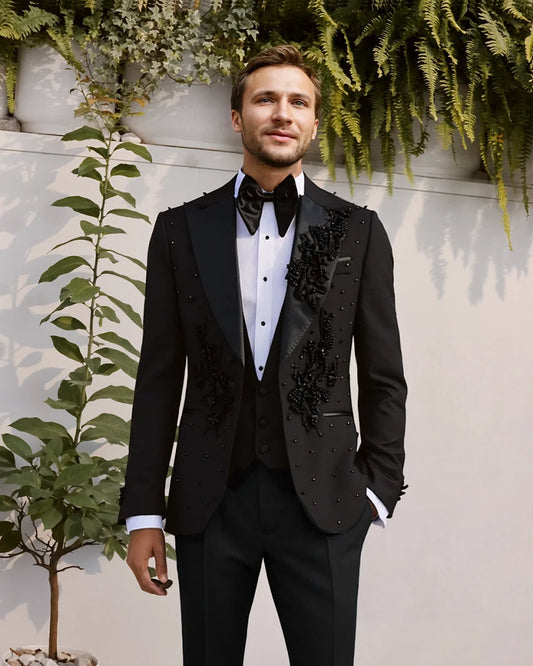 Conjunto de traje de esmoquin de 3 piezas para hombre, hecho a mano, con cuentas, personalizado, corte entallado, para novio, boda, formal, a medida, chaqueta, chaleco y pantalones.