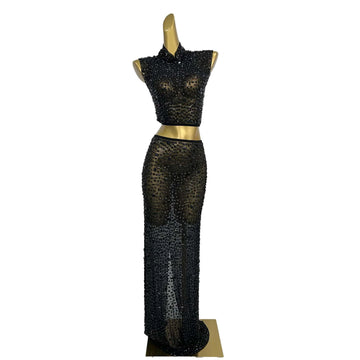 Sparkly Black Diamonds Crop Top Long Skirt 2 Pieces Set Sexy Celebrate Evening Prom Birthday Dress Photo Shoot Wear