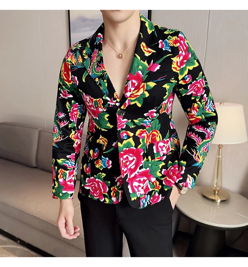 Traje de 2 piezas para hombre, estilo vintage, para fiesta, con estampado de flores grandes, estilo noreste de China, chaqueta y pantalones.