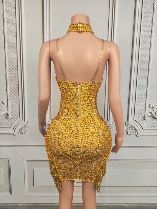 Elegant Women Golden Full Pearls High-end Evening Dress Birthday Party Photo Shoot Wear Festival Celebrate Outfit