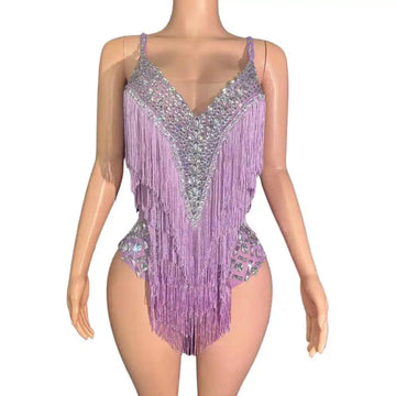 Sparkly Rhinestones Tassels Bodysuit for Women Sexy V Neck Slip Performance Dance Costume Singer Dancer Show Stage Wear