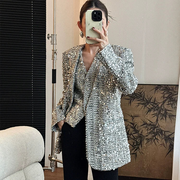 Women Shiny Sequined Tweed Jacket Punk Style Stage Show Mid Long Blazer Suit Coat Loose Fit V Neck Party Outwear Jacket