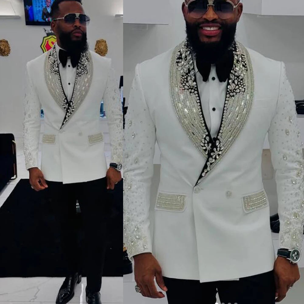 Luxury Beaded Crystals Suit Men for Wedding Customized 2 Pieces Groom Wedding Tuxedos Double Breasted Prom Blazers Costume Homme