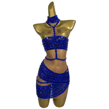 Flashing Blue Rhinestone Sexy Sleeveless Dress Luxury Women Prom Evening Party Gown Club Stage Performance Clothing