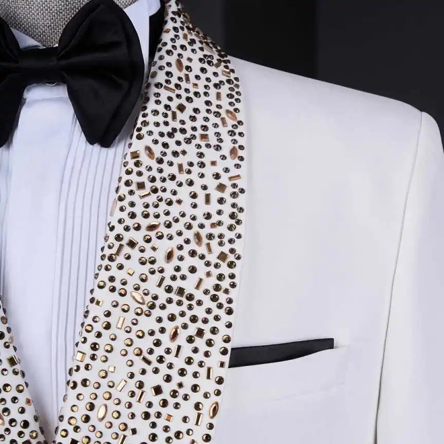 Classic Rhinestone Wedding Suits for Groom Shawl Lapel Double Breasted Tuxedos 2 Pcs Jacket Pants Party Prom Customized