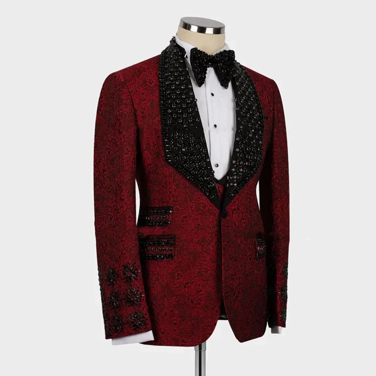 Luxury Men Suits Rhinestone Beads Shawl Lapel Tailor-Made 2 Pieces Set Jacquard One Button Groom Blazer Customized Jacket Pants