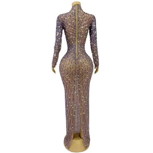 Sexy Luxurious Elegant Gown Shining Rhinestones Mesh Dress Women Birthday Evening Party Blingbling Photoshoot Outfit