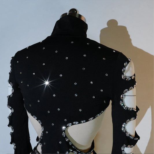 Sexy Hollowed Out Design Black Sparkling Rhinestones Party Bar Dancer Singer Stage Accessories Bodysuit Performance Stage Wear