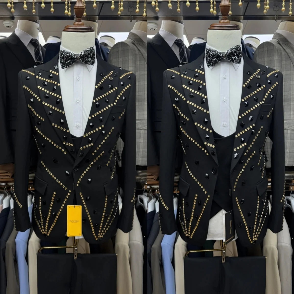 Retro Men Suits Tailor-Made 2 Pieces Set Peaked Lapel Jacquard Jacket Rhinestone Blazer One-Button Customized Coat Pants