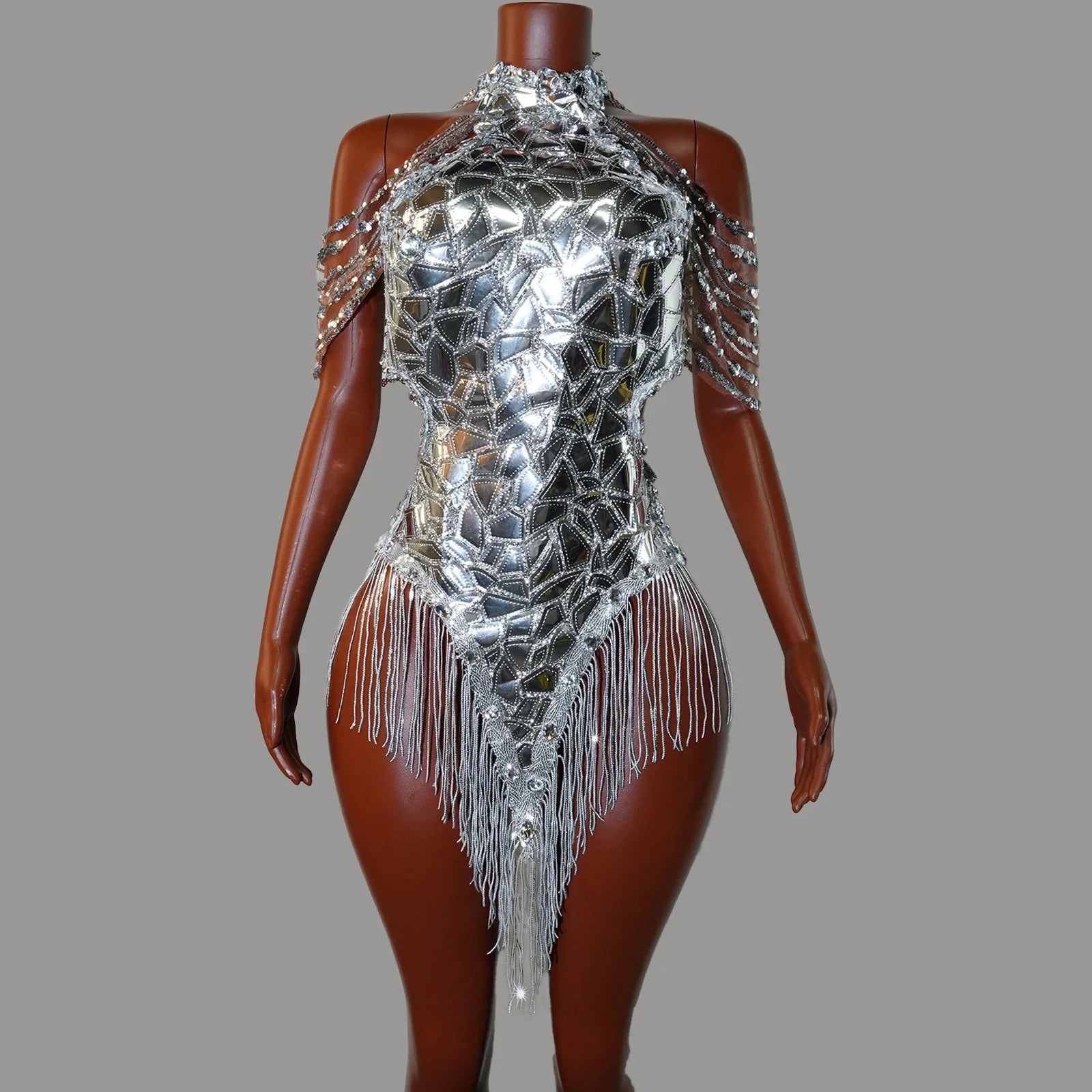 Glamorous Shiny Silver High Neck Off Shoulder Chain Embellished Geometric Patchwork Tassel Hem Bodysuit Mini Evening Garment