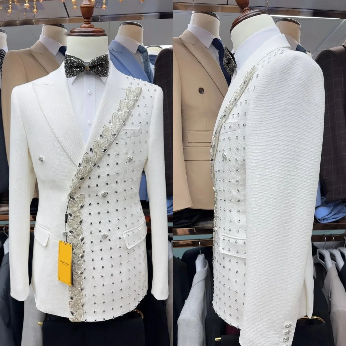 Luxury Men Suits 2 Pieces Set Coat Tailor-Made Peaked Lapel Blazer for Wedding Rhinestone Beading Customized Jacket Black Pants