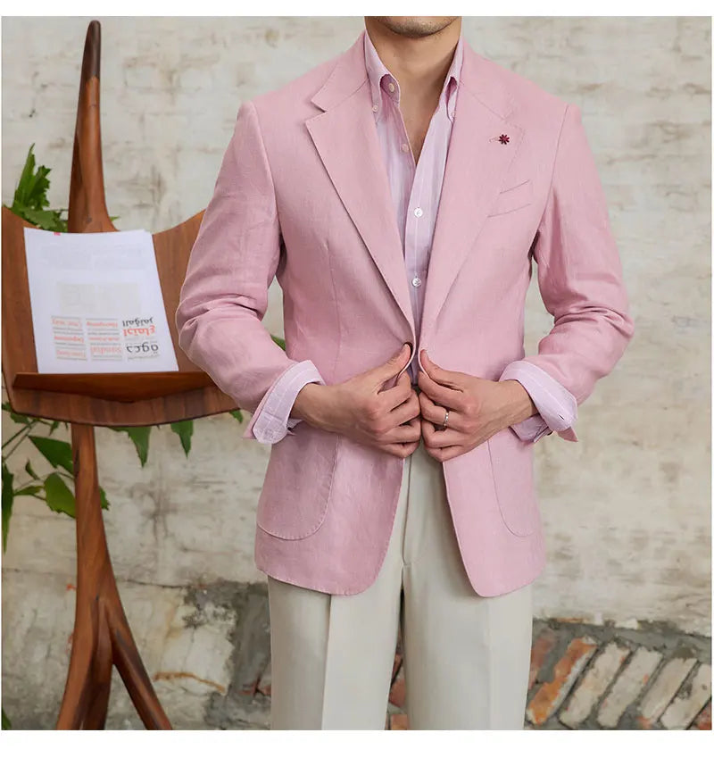 100% Linen Italian Stylish Blazer Men Casual Breathable Half Lining Vintage Suit Jacket Pink White