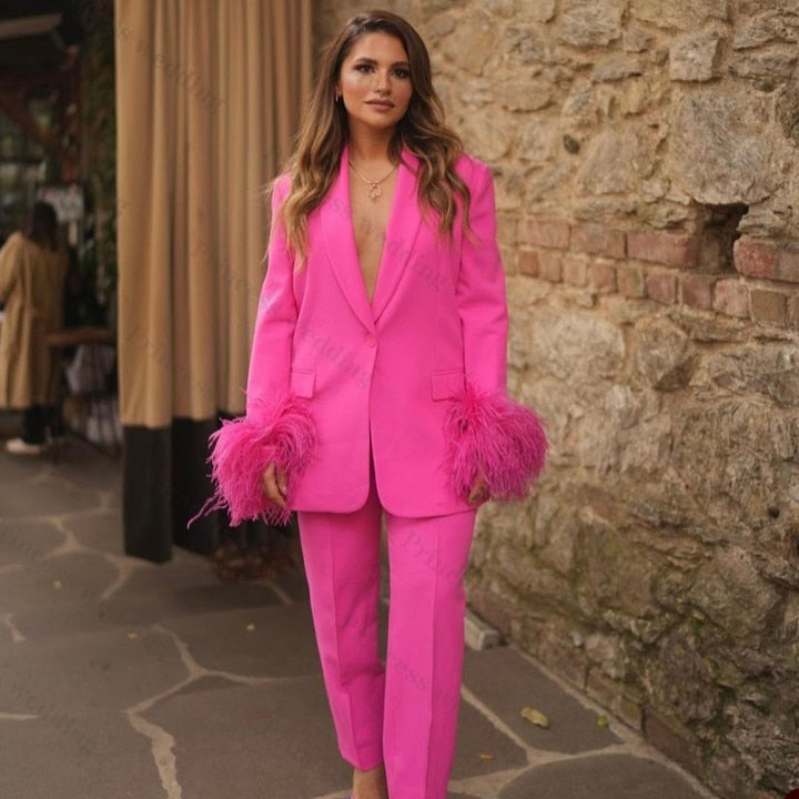 Conjunto de pantalón y chaqueta rosa intenso para mujer, con plumas, manga larga, pierna ancha, talla grande, para oficina, fiesta y graduación 
