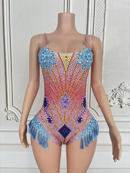 Sexy Stage Rhinestone Bodysuit Gogo Dancer Costume Birthday Nightclub Bar Club Dancewear Sexy Fringe Party Rave Outfit