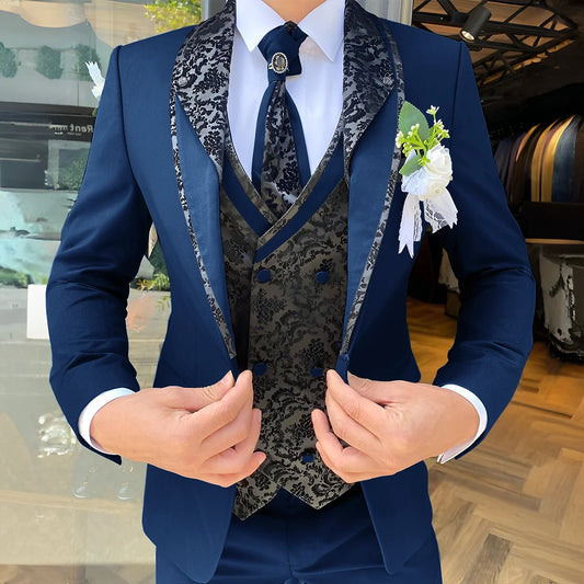 Handsome Men's Suit 3-piece Elegant Groom Wedding Tuxedo Jacket Pants Vest Customized Formal Blazer for Male