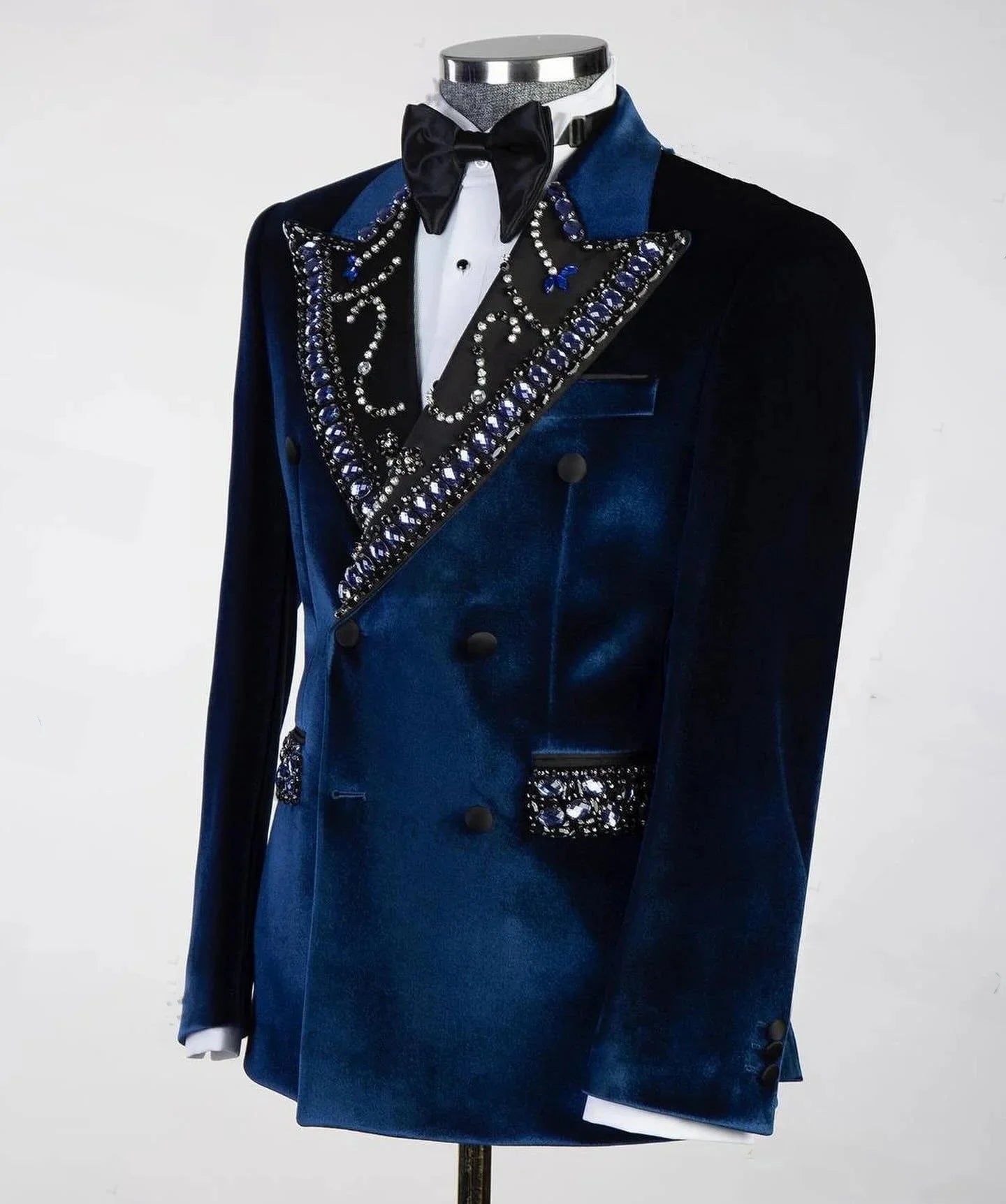 Retro Men's Suit Rhinestone Beaded Blazer Velvet One Piece Peaked Lapel Double Breasted Outfits Coat Customized Only Jacket