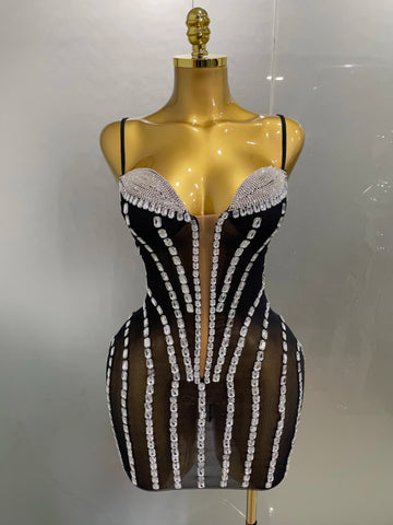 Robe courte transparente en maille à strass scintillants pour femme, tenue de soirée, d'anniversaire, de bal, de boîte de nuit, de séance photo, de scène