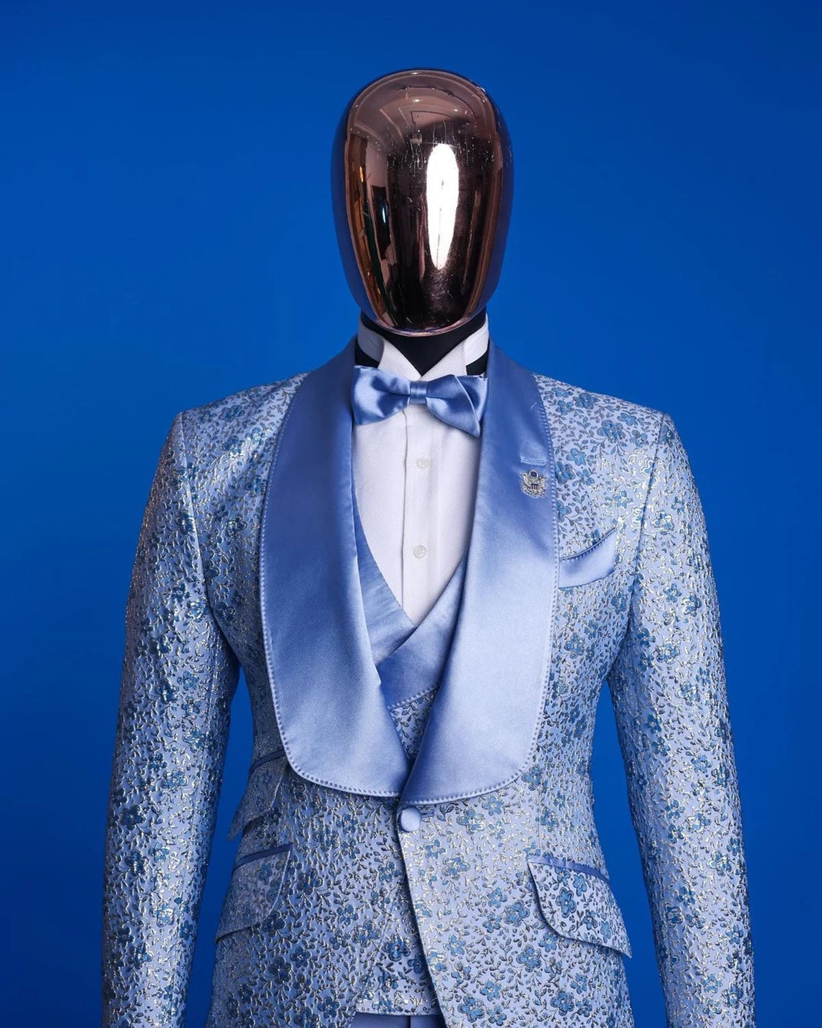Élégant costume smoking bleu clair 3 pièces pour homme, ensemble blazer, gilet et pantalon en jacquard de coton sur mesure, parfait pour les mariages et les occasions spéciales