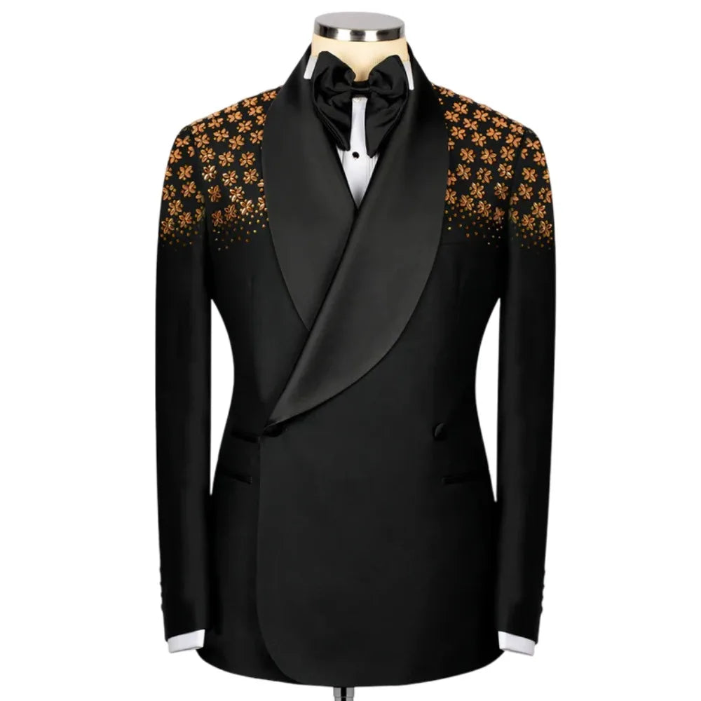 Fashion Men's Suits 2 Pieces Crystals Double Breasted Satin Wedding Prom Blazer Tuxedo Custom Made Costume Homme