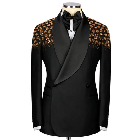 Fashion Men's Suits 2 Pieces Crystals Double Breasted Satin Wedding Prom Blazer Tuxedo Custom Made Costume Homme