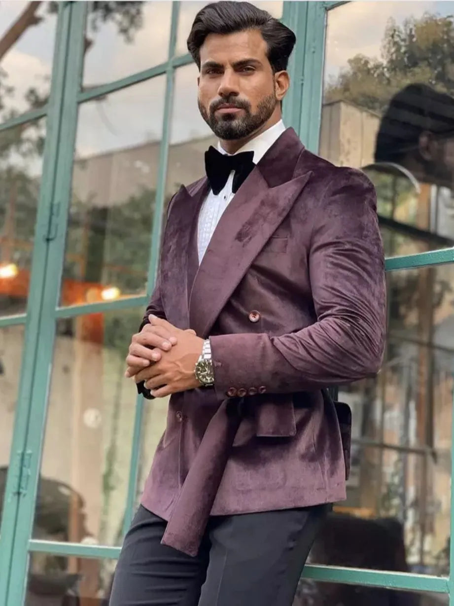 Men's Suits Single-breasted Velvet Fruit Collar 2 Pcs Tuxedo Coat+ Trousers Suit Set for Wedding Prom Design
